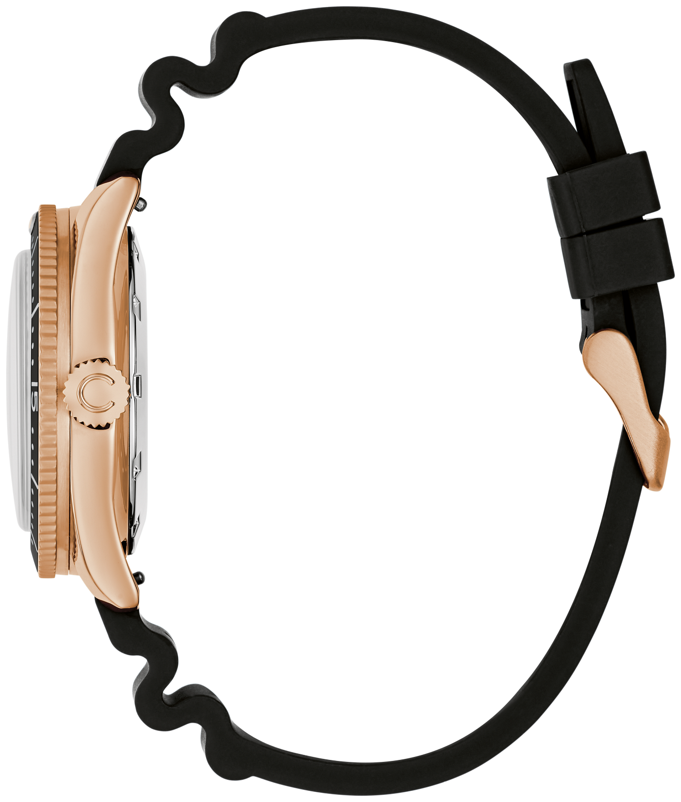 Side profile of a watch with a rose gold case, silver-toned bezel, and a thick black wavy rubber strap on a white background.