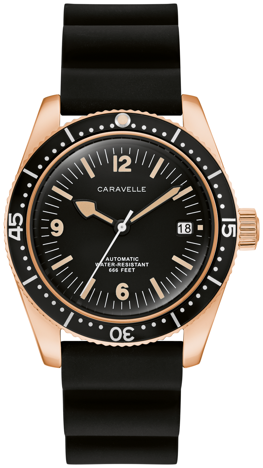 A Caravelle automatic dive watch with a black dial, black rubber strap, and a rose gold-tone case with a black rotating bezel.
