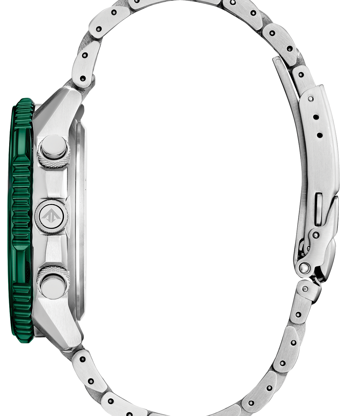 A silver stainless steel watch with a matching link bracelet, featuring a textured green bezel and silver pushers on the side.