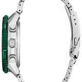 A silver stainless steel watch with a matching link bracelet, featuring a textured green bezel and silver pushers on the side.