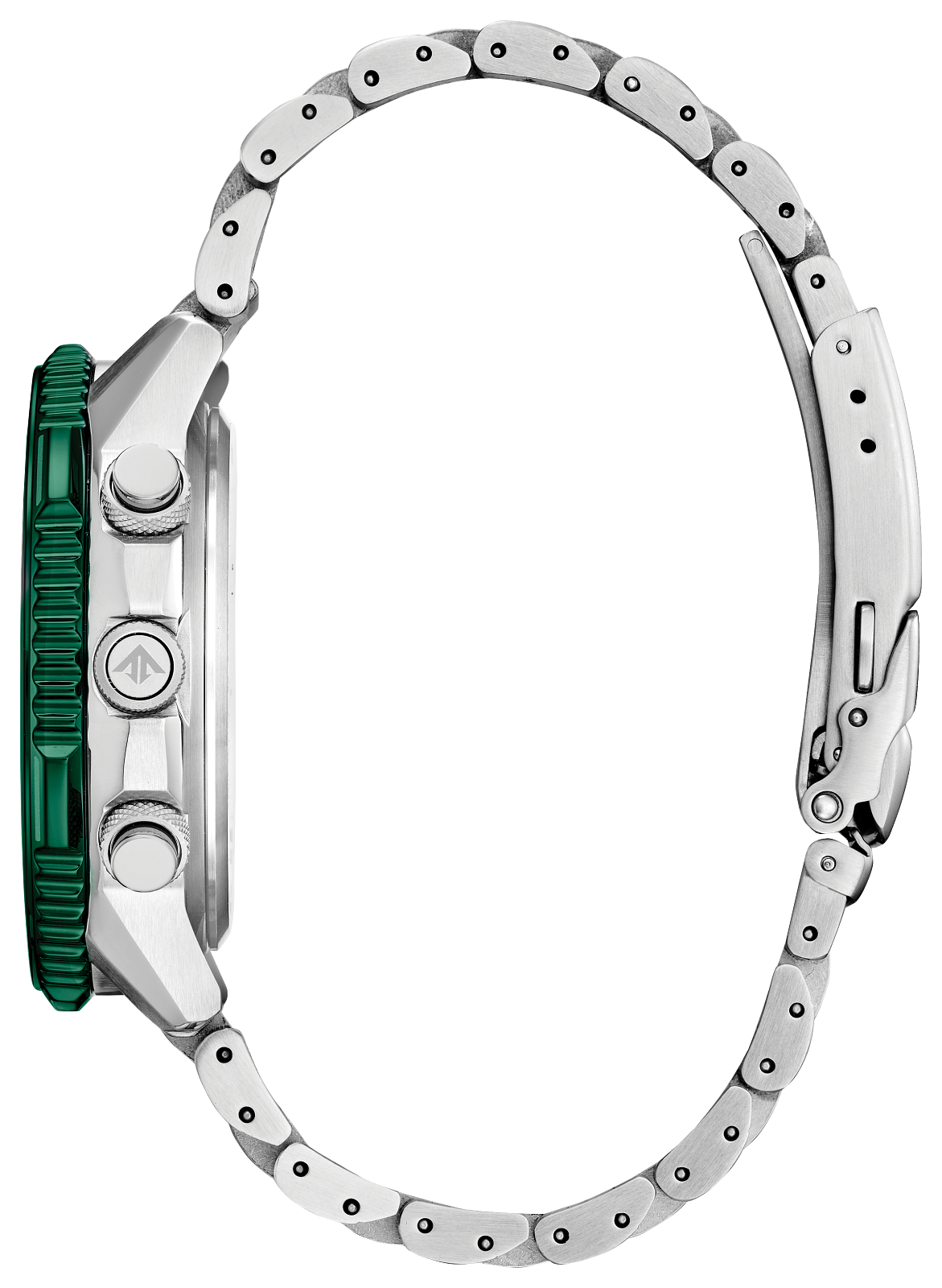 A silver stainless steel watch with a matching link bracelet, featuring a textured green bezel and silver pushers on the side.