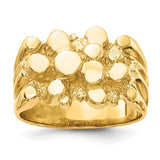 14k men's nugget ring from Solomon Jewelers featuring a bold gold design, displayed on a neutral background.