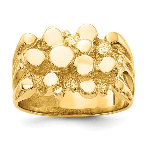 14k men's nugget ring from Solomon Jewelers featuring a bold gold design, displayed on a neutral background.