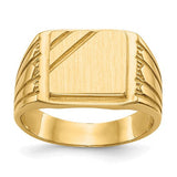 14k gold open back men's signet ring with 11.5x11.0mm face, displayed on a jewelry stand.