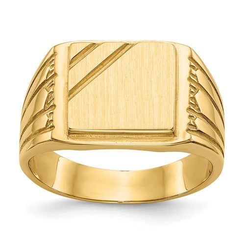 14k gold open back men's signet ring with 11.5x11.0mm face, displayed on a jewelry stand.