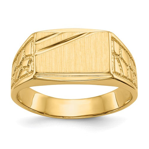 14k gold open back men's signet ring with 13.0x8.5mm face, showcasing detailed craftsmanship and sleek jewelry design