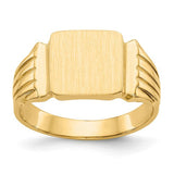 14k gold men's signet ring with open back and 10.5x10.5mm face, featuring a classic jewelry design.