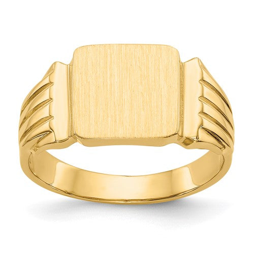 14k gold men's signet ring with open back and 10.5x10.5mm face, featuring a classic jewelry design.