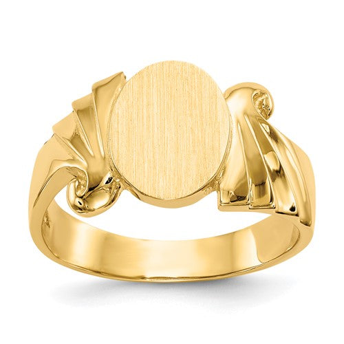14k gold open back signet ring with 8.5x10mm dimensions, crafted by Solomon Jewelers, showcasing detailed design and craftsmanship.