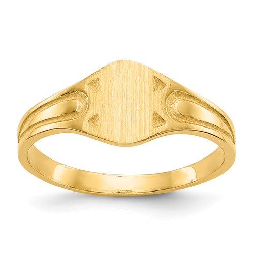 14k gold children's signet ring with a 6.5x4.0mm closed back design, crafted by Solomon Jewelers.