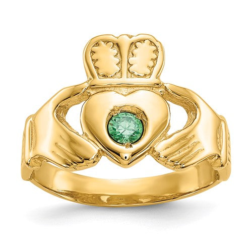 14k imitation green stone Claddagh ring from Solomon Jewelers, detailed gold band with heart and crown design.
