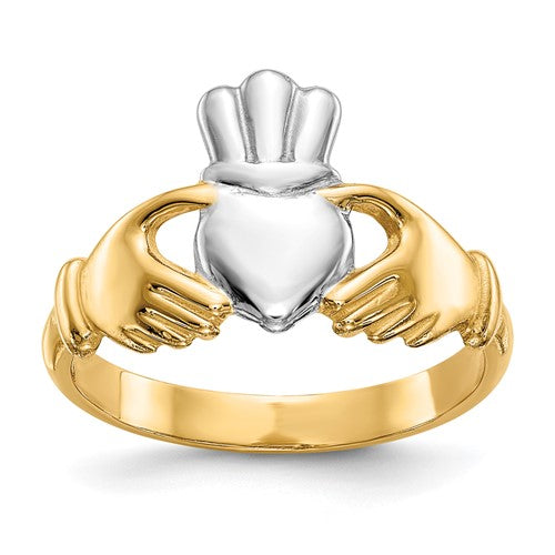 14k gold and rhodium plated Claddagh ring featuring polished finish and intricate heart and hands design by Solomon Jewelers.