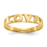 14k gold LOVE ring with engraved lettering, elegant jewelry ring from Solomon Jewelers, showcasing a sleek and polished design.