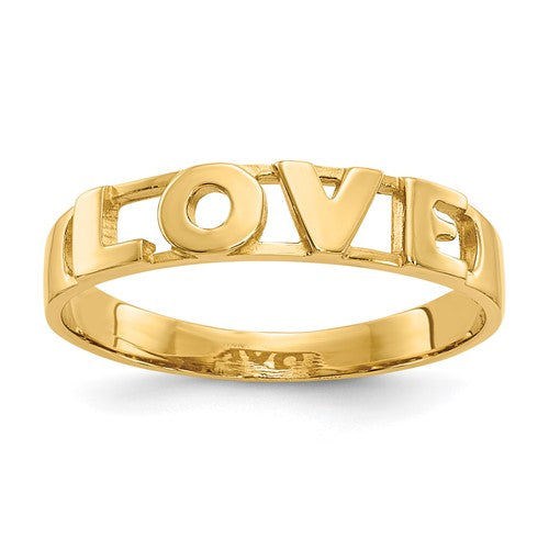 14k gold LOVE ring with engraved lettering, elegant jewelry ring from Solomon Jewelers, showcasing a sleek and polished design.