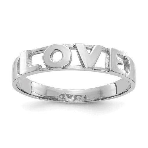 14K white gold LOVE ring featuring a polished band and engraved LOVE inscription, crafted by Solomon Jewelers.