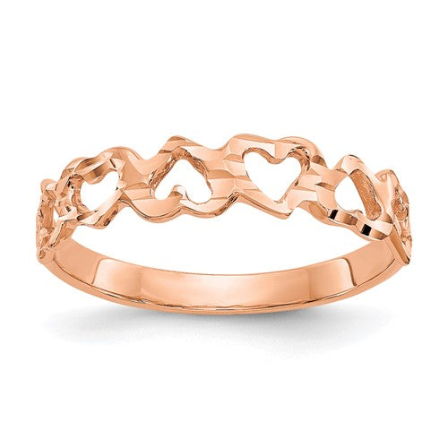 14K rose gold heart ring from Solomon Jewelers, featuring a delicate heart-shaped design and polished finish.