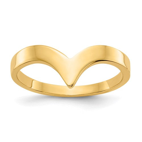 14k polished gold chevron ring from Solomon Jewelers, featuring a sleek V-shaped design in a close-up view.