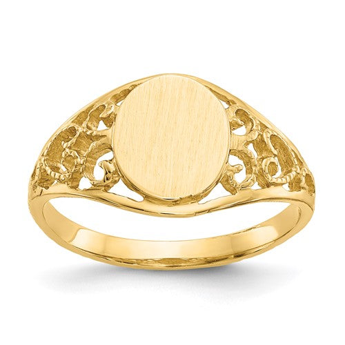 14k gold open back filigree signet ring with 7.5x8.5mm satin finish, elegant jewelry piece featuring detailed craftsmanship.