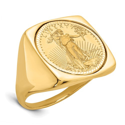 14k men's polished bezel ring featuring a square mounted 1/10oz American Eagle coin, crafted by Solomon Jewelers.