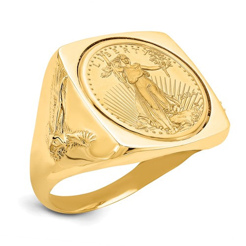 14k gold men's eagle side square bezel ring featuring a 1/10oz American eagle coin, detailed design, and Solomon Jewelers branding