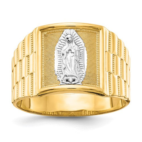 14k gold and rhodium men's Our Lady of Guadalupe ring featuring a detailed religious design and sparkling CZ accents.