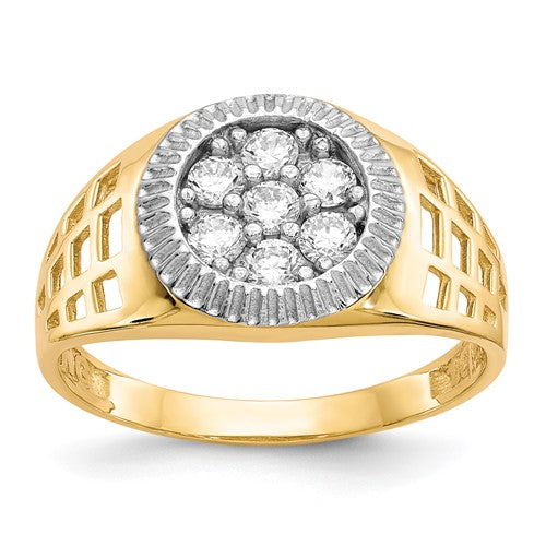14k white gold men's CZ cluster ring with rhodium finish, featuring sparkling cubic zirconia stones, from Solomon Jewelers.