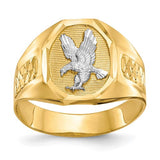 14k gold and rhodium men's eagle ring with detailed eagle design, crafted by Solomon Jewelers, jewelry ring for men