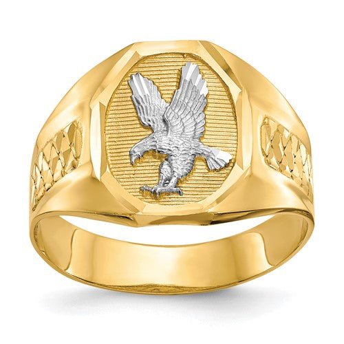 14k gold and rhodium men's eagle ring with detailed eagle design, crafted by Solomon Jewelers, jewelry ring for men