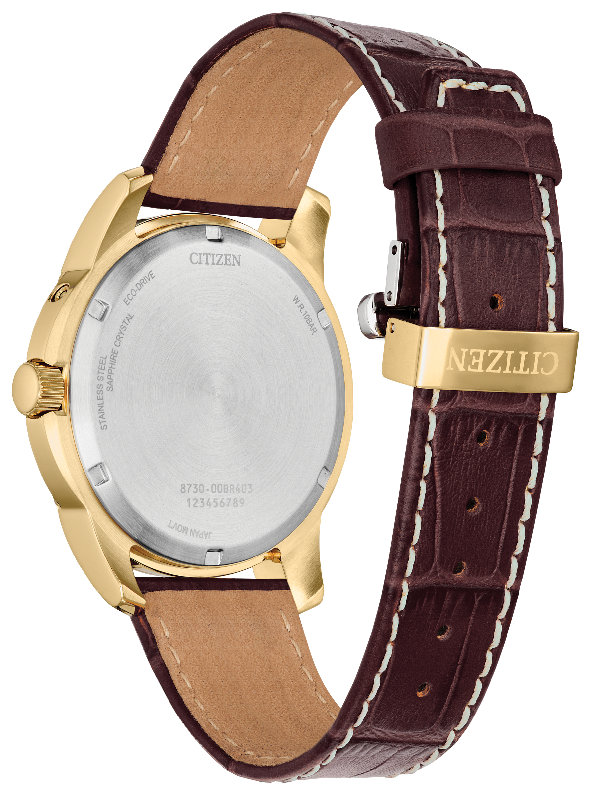 Citizen watch shown from the back, featuring a gold-tone case, brushed stainless steel case back, and a dark brown leather strap with white contrast stitching and a gold-tone buckle engraved with CITIZEN.