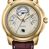 Citizen Eco-Drive watch with a gold-tone case, cream-colored dial with day and month indicators, and a dark brown leather strap with white contrast stitching.
