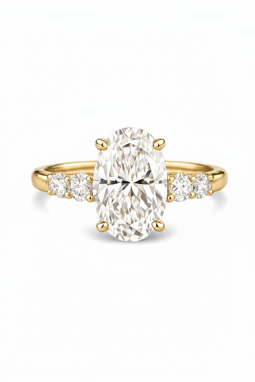 A yellow gold engagement ring featuring a large oval-cut center diamond flanked by smaller round diamonds on the band, set against a plain white background.