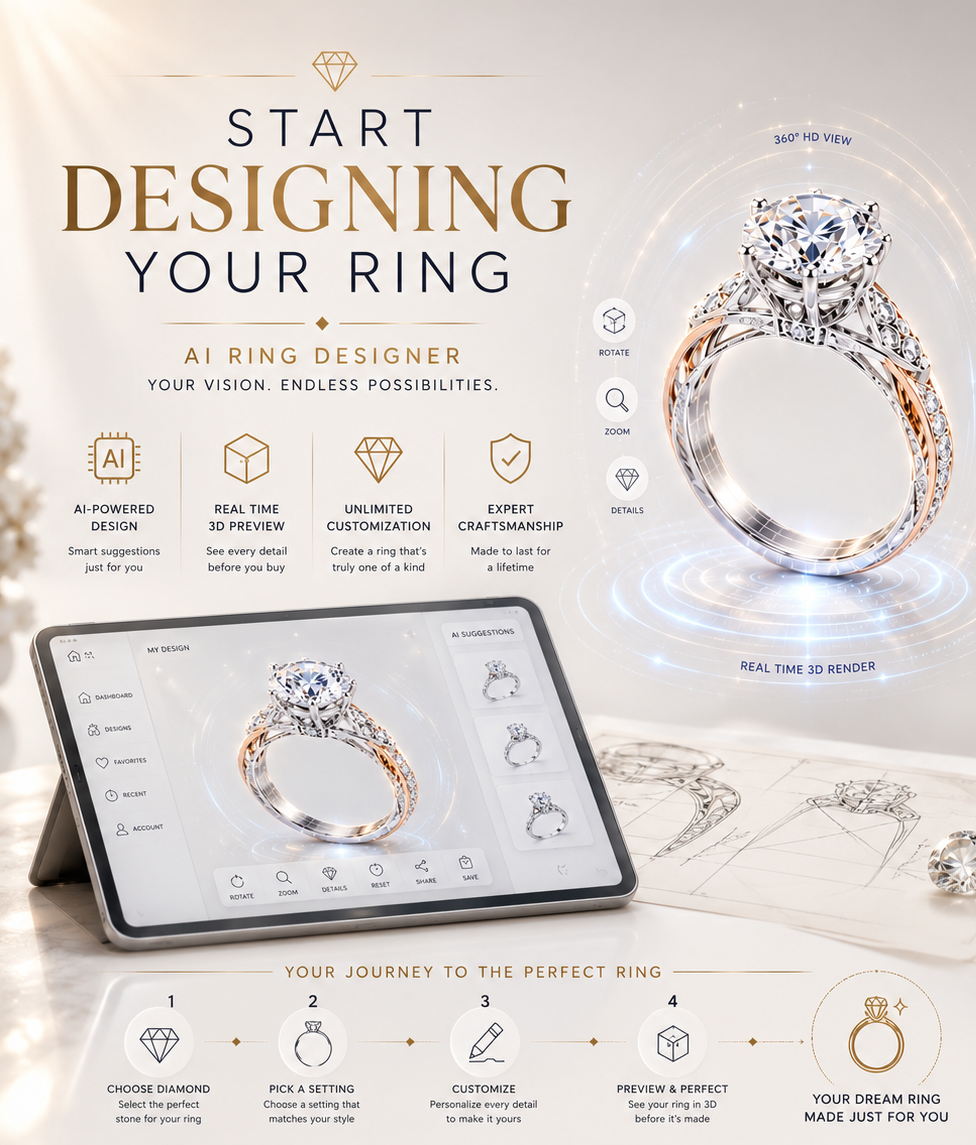 Promotional graphic for an AI ring designer service, showing a large rose gold and diamond ring floating in the center, a tablet displaying the design interface, a customization panel, and a step-by-step journey graphic. The text reads 'START DESIGNING YOUR RING' and 'AI RING DESIGNER'.