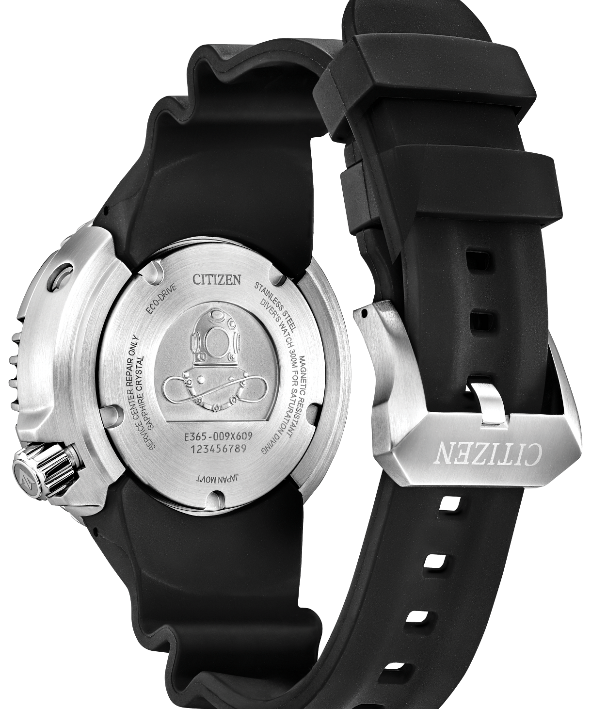 Black Citizen watch with a detailed back view on a white background