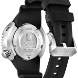 Black Citizen watch with a detailed back view on a white background