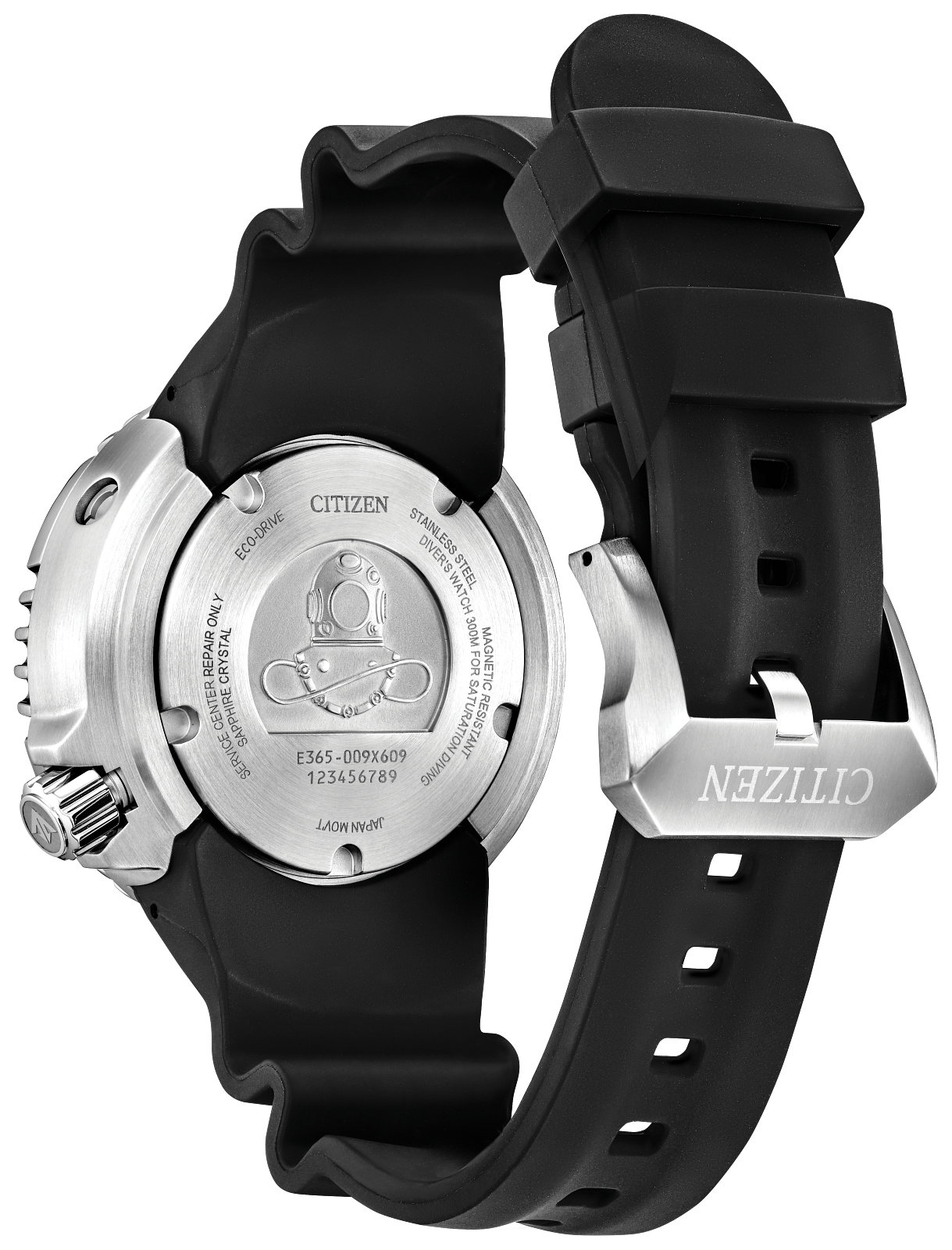 Black Citizen watch with a detailed back view on a white background