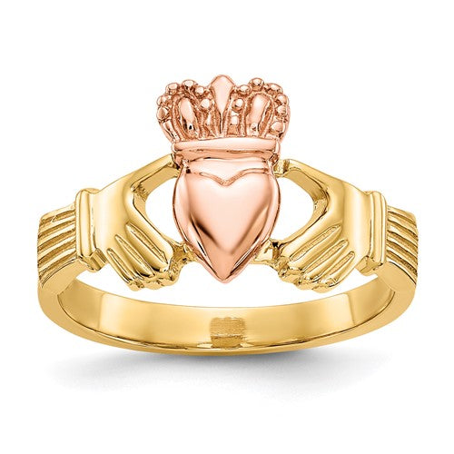 14k two-tone polished Claddagh ring featuring heart and hands design, crafted in gold jewelry style, by Solomon Jewelers.