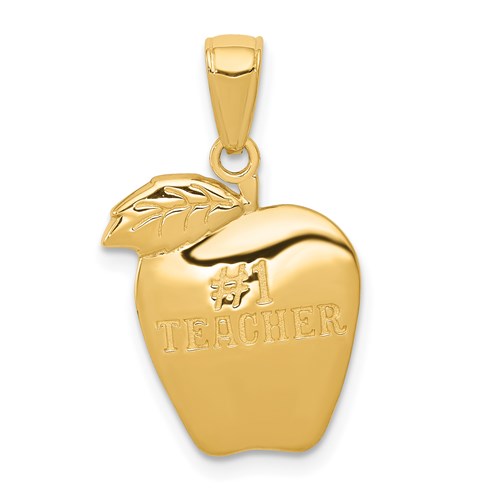 Gold Apple Pendant featuring "Teacher" in 14k gold, stylish jewelry charm from Solomon Jewelers.