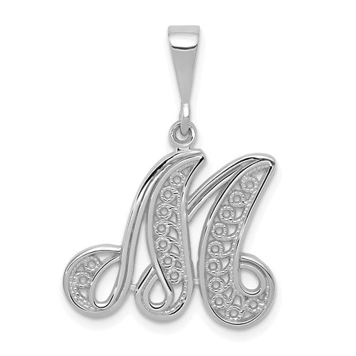 14kw-white-gold-solid-polished-script-filigree-letter-m-initial-pendant-SolomonJeweler-Wichita-KS-CustomJewelry