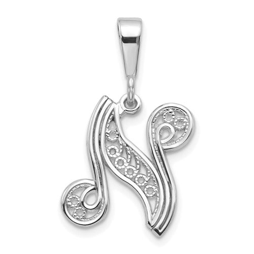 14kw-white-gold-solid-polished-script-filigree-letter-n-initial-pendant-SolomonJeweler-Wichita-KS-CustomJewelry