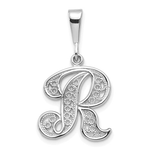 14kw-white-gold-solid-polished-script-filigree-letter-r-initial-pendant-SolomonJeweler-Wichita-KS-CustomJewelry