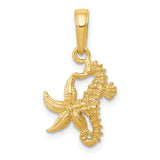 14K gold seahorse and starfish pendant, marine-themed jewelry charm, crafted by Solomon Jewelers.