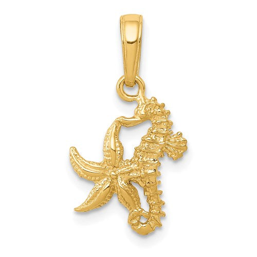 14K gold seahorse and starfish pendant, marine-themed jewelry charm, crafted by Solomon Jewelers.