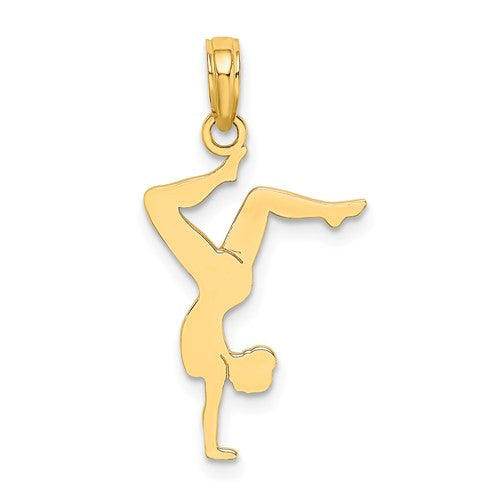 14k solid gold polished gymnast charm pendant, detailed jewelry piece from Solomon Jewelers on a neutral background.