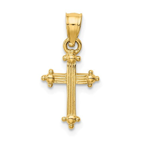 14k gold small cross charm pendant featuring a delicate design, perfect for jewelry making or as a religious accessory.