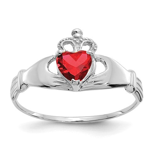 14k white gold Claddagh heart ring with January birthstone CZ, elegant jewelry piece by Solomon Jewelers.
