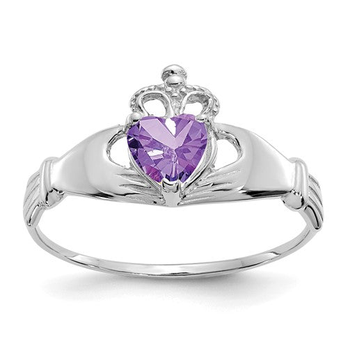14k white gold Claddagh ring with February birthstone cubic zirconia and heart design, jewelry by Solomon Jewelers.