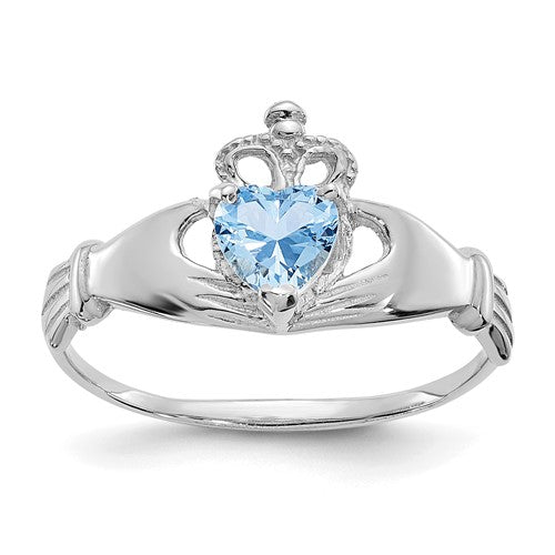 14k-white-gold-cz-march-birthstone-claddagh-heart-ring-SolomonJeweler-Wichita-KS-CustomJewelry