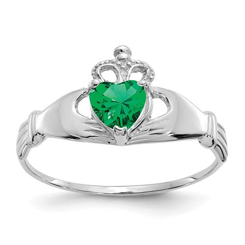 14k white gold May birthstone Claddagh heart ring with cubic zirconia, showcasing detailed craftsmanship and elegant design.