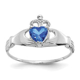 14k white gold CZ September birthstone Claddagh heart ring with intricate design, elegant jewelry piece from Solomon Jewelers.