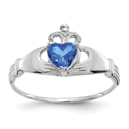 14k white gold CZ September birthstone Claddagh heart ring with intricate design, elegant jewelry piece from Solomon Jewelers.